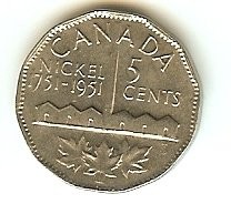 1951 (First Canadian Commemorative Nickel) Canada Five Cent 1751-1951