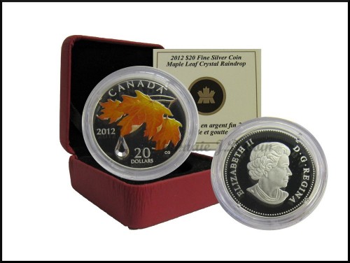 2012 $20 Fines Silver Coin Royal Canadian Mint Maple Leaf with Crystal Raindrop 