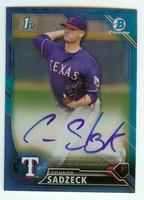 2013 Bowman Chrome Connor Sadzeck Blue Refractor 038/150 Autograph
