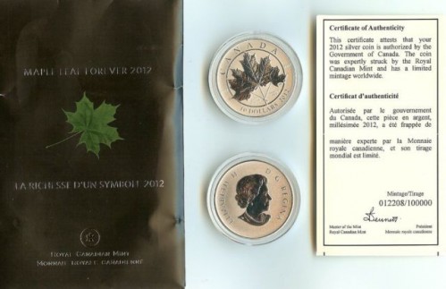 2012 Canadian Mint Limited Edition Maple Leaf SILVER .999 Coin $10