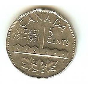 1951 (First Canadian Commemorative Nickel) Canada Five Cent 1751-1951